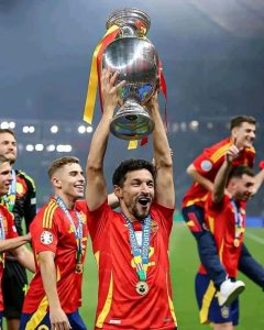 Jesus Navas celebrating winning the Euro 2024 Trophy with the Spanish National team