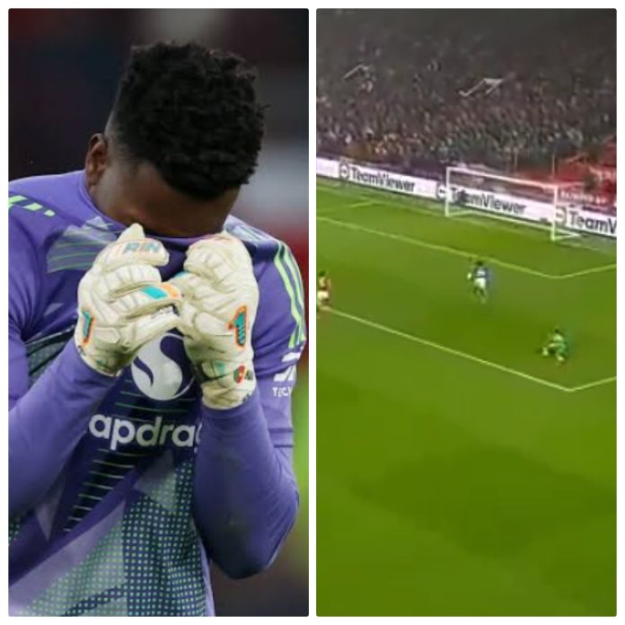 Andre Onana holds his face in shame