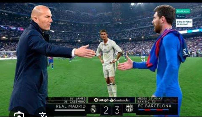 Messi shaking Zidane while Ronaldo looks from the Background