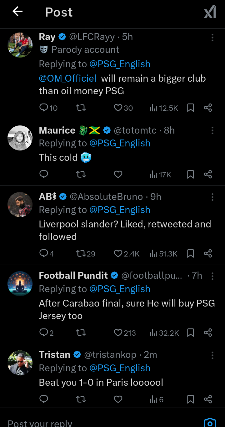 Liverpool fans and PSG fans battle it out on PSG English X social media page
