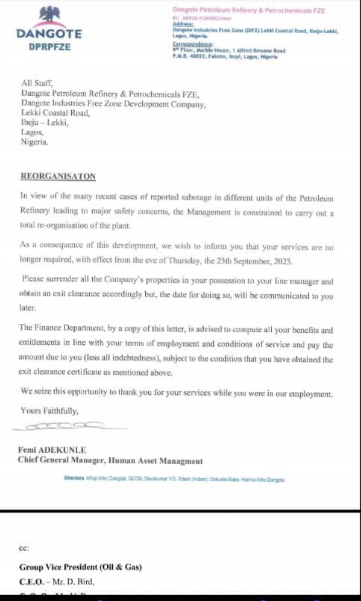 The official layoff letter giver of the affected staff by the management of Dangote Refinery 